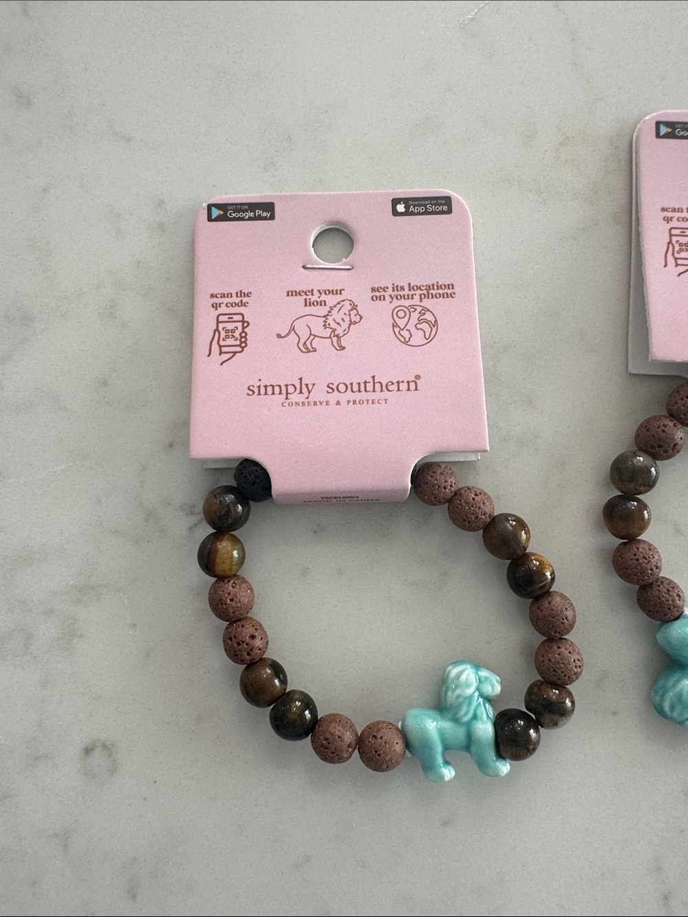 Simply Southern Beaded Lion Bracelet - Turquoise & Brown with QR code to track
